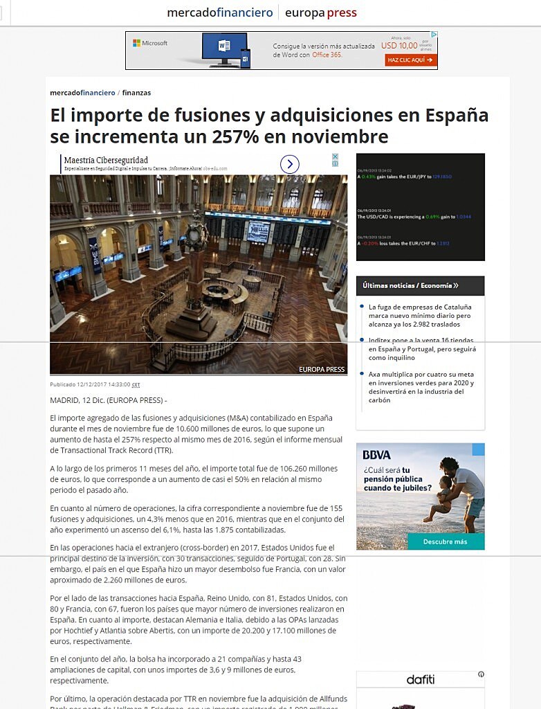 El importe de fusiones y adquisiciones en Espaa se incrementa un 257% en noviembre